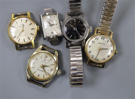 Four ladys Omega watches and a ladys Zenith watch.